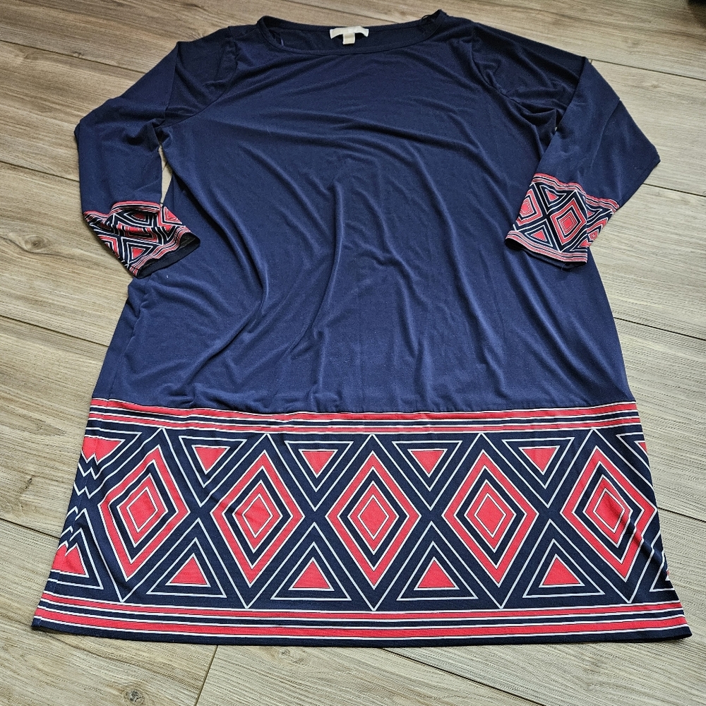 Navy Blue and Orange Michael Kors Long Sleeve Stretch Midi Dress Size 2X